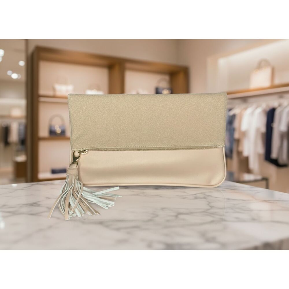 Who What Wear Beige Foldover Clutch – Two-Tone Shimmer with Tassel Detail